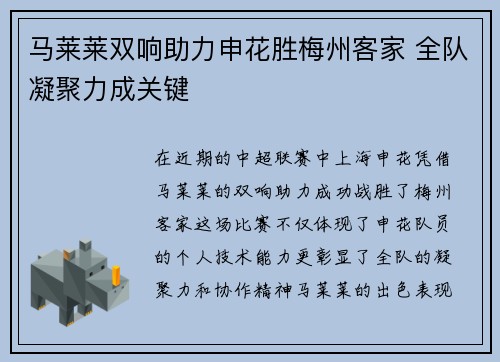 马莱莱双响助力申花胜梅州客家 全队凝聚力成关键 马莱莱双响助力申花胜梅州客家 全队凝聚力成关键